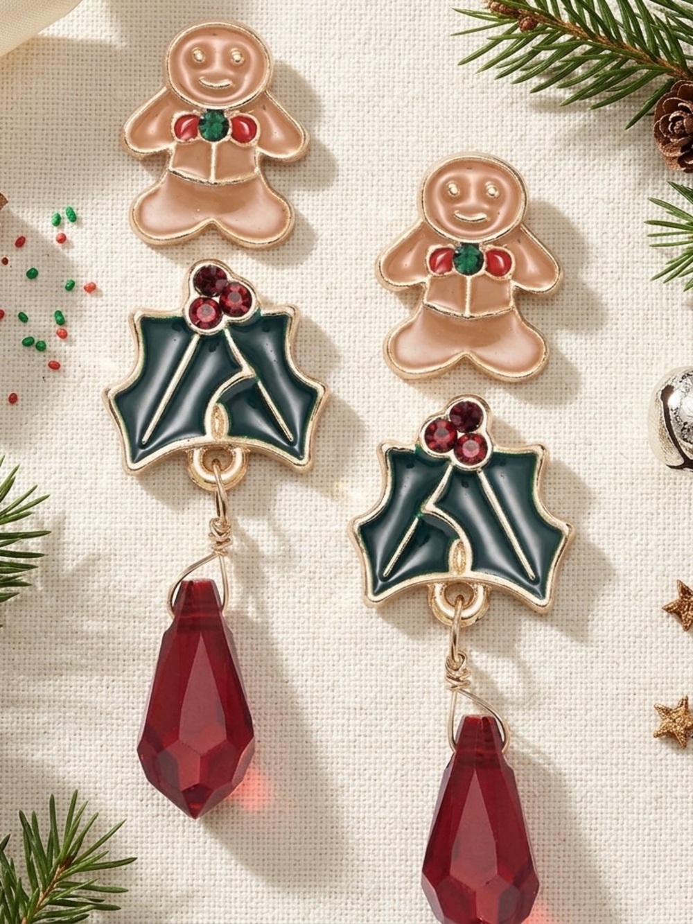 Holiday Lane Gold-Tone Gingerbread & Holly Drop Earring Set - Red & Green